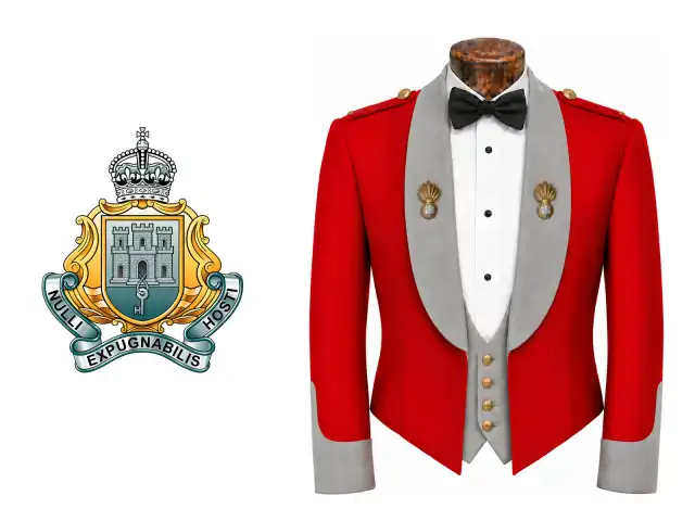 The Royal Gibraltar Regiment logo beside the male officer mess dress.