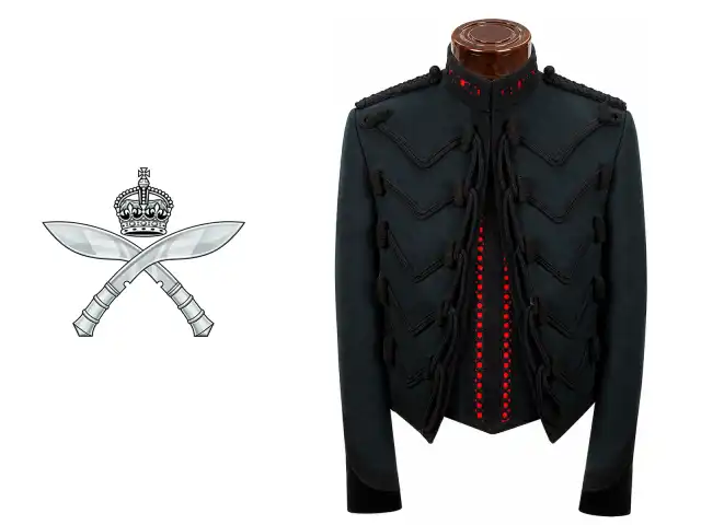 The Royal Gurkha Rifles logo beside the male officer mess dress.
