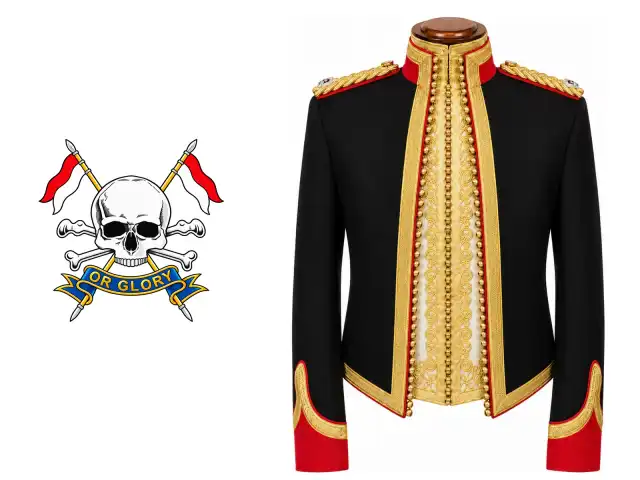 The Royal Lancers logo beside the male officer mess dress.