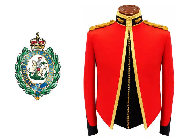 The Royal Regiment of Fusiliers logo beside the male officer mess dress.