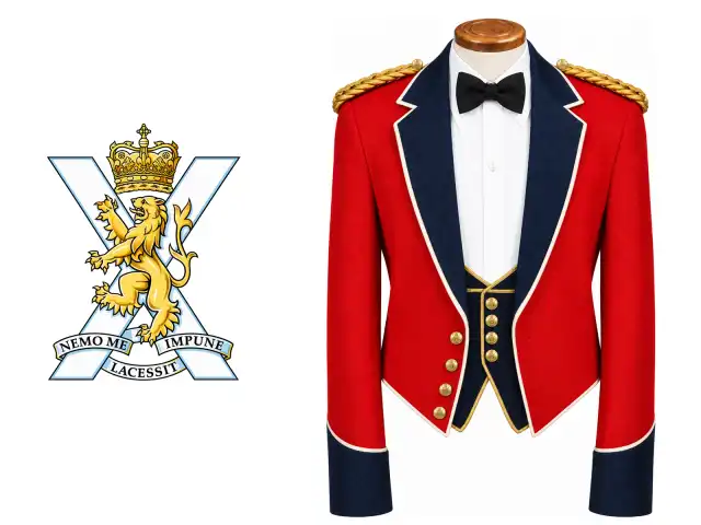 The Royal Regiment of Scotland logo beside the male officer mess dress.