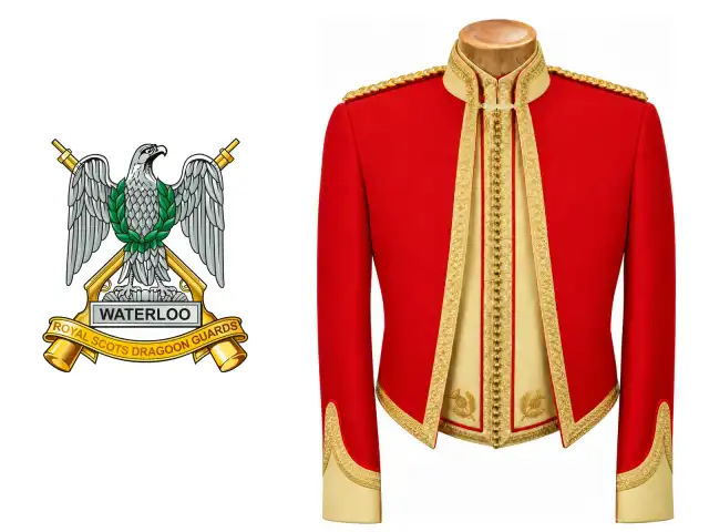 The Royal Scots Dragoon Guards logo beside the male officer mess dress.