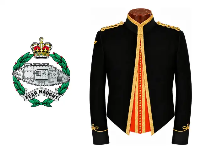 The Royal Tank Regiment logo beside the male officer mess dress.