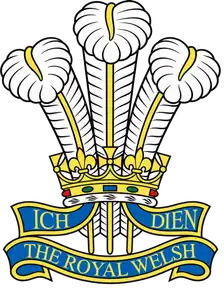 The Royal Welsh cap badge: the Prince of Wales's plumes and coronet with ICH DIEN and regimental scrolls.