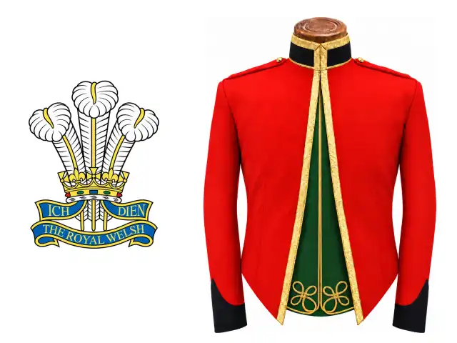 The Royal Welsh logo beside the male officer mess dress.