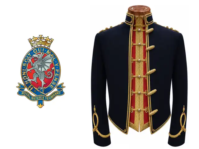 The Royal Wessex Yeomanry logo beside the male officer mess dress.