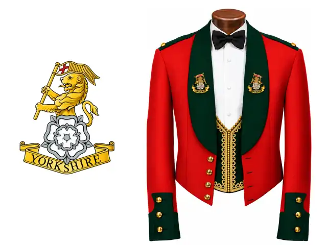 The Royal Yorkshire Regiment logo beside the male officer mess dress.